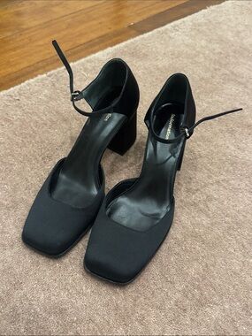 Reformation Black Square-Toe Ankle-Strap Block Heels